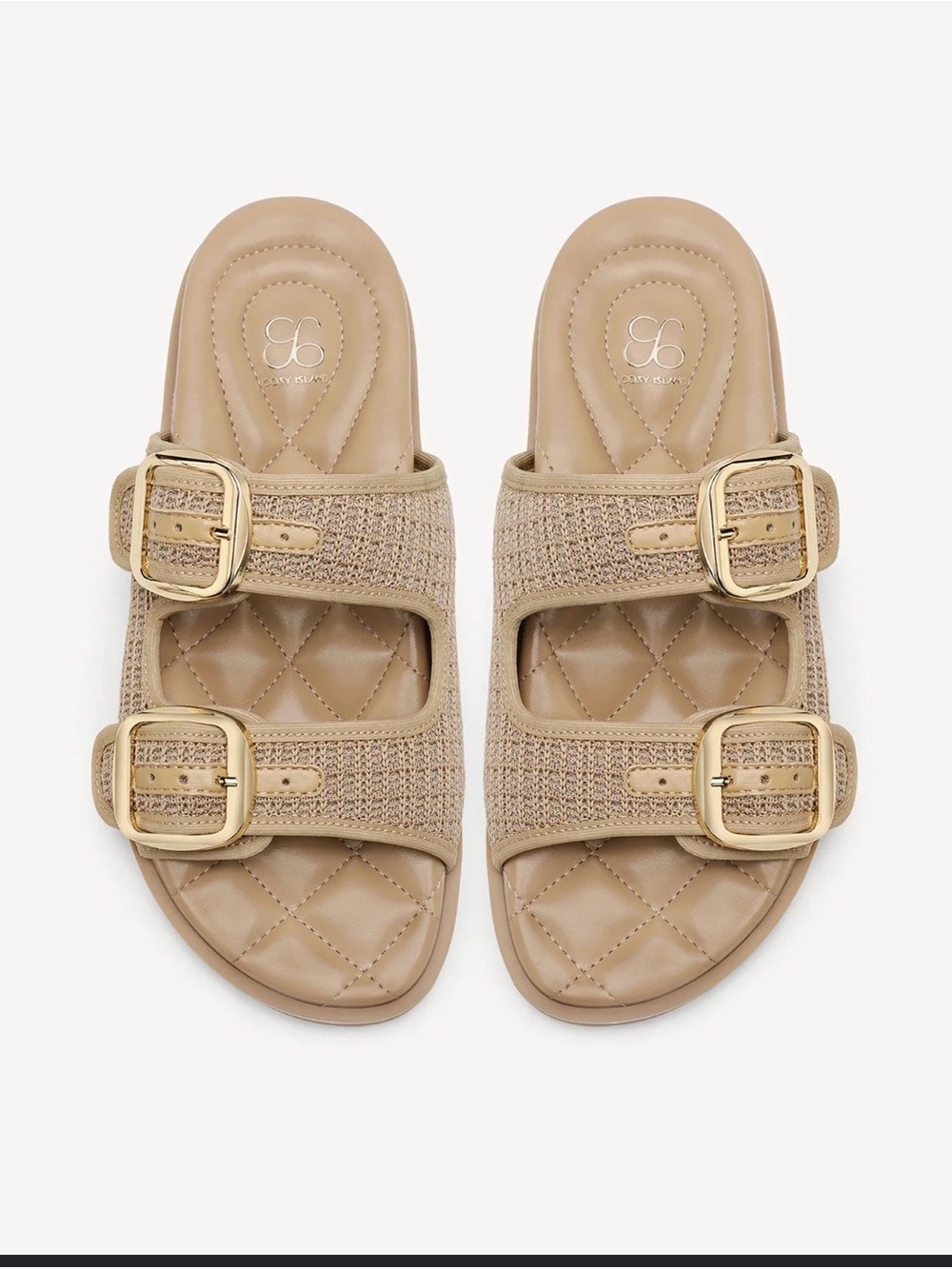 Cosy Island Beige Quilted Slide Sandals with Gold Buckles